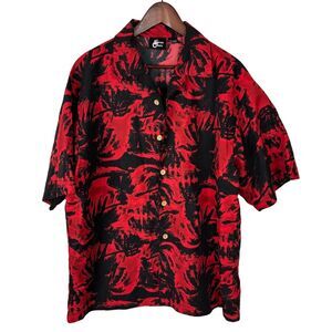 Street Culture Red Black Palm Print Button Down Short Sleeve Shirt Men's XL
